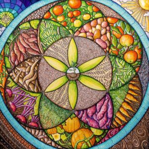 Healing art by Kristen Palana. Abundant Harvest. Food Security Meditation | 18 x 18 in. | watercolor pens and acrylic on vellum | 2022