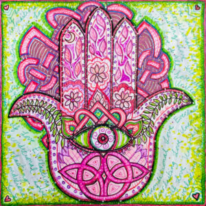 Hamsa Hand: Everlasting Love | 5 x 5 in. | watercolor pens on vellum | 2023