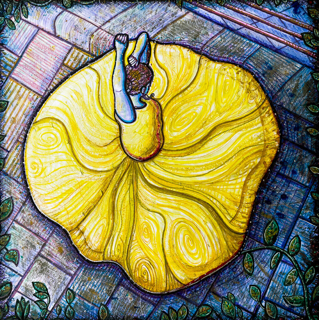 The Yellow Dress | 9 x 9 in. | watercolor pens and acrylic on vellum | 2023