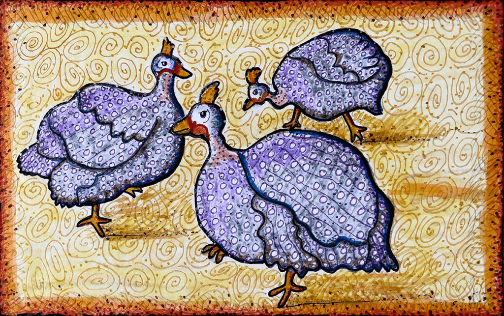 birds and bats of Malawi. Guinea Fowl drawing by Kristen Palana